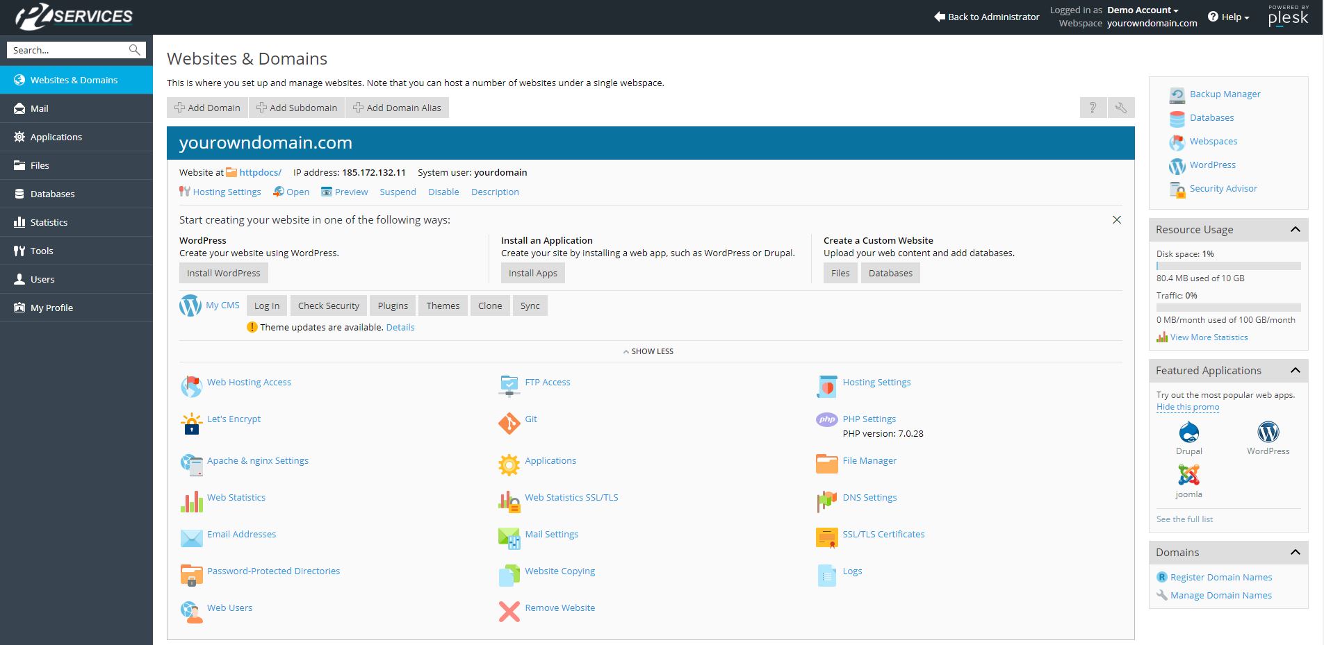 Plesk dashboard